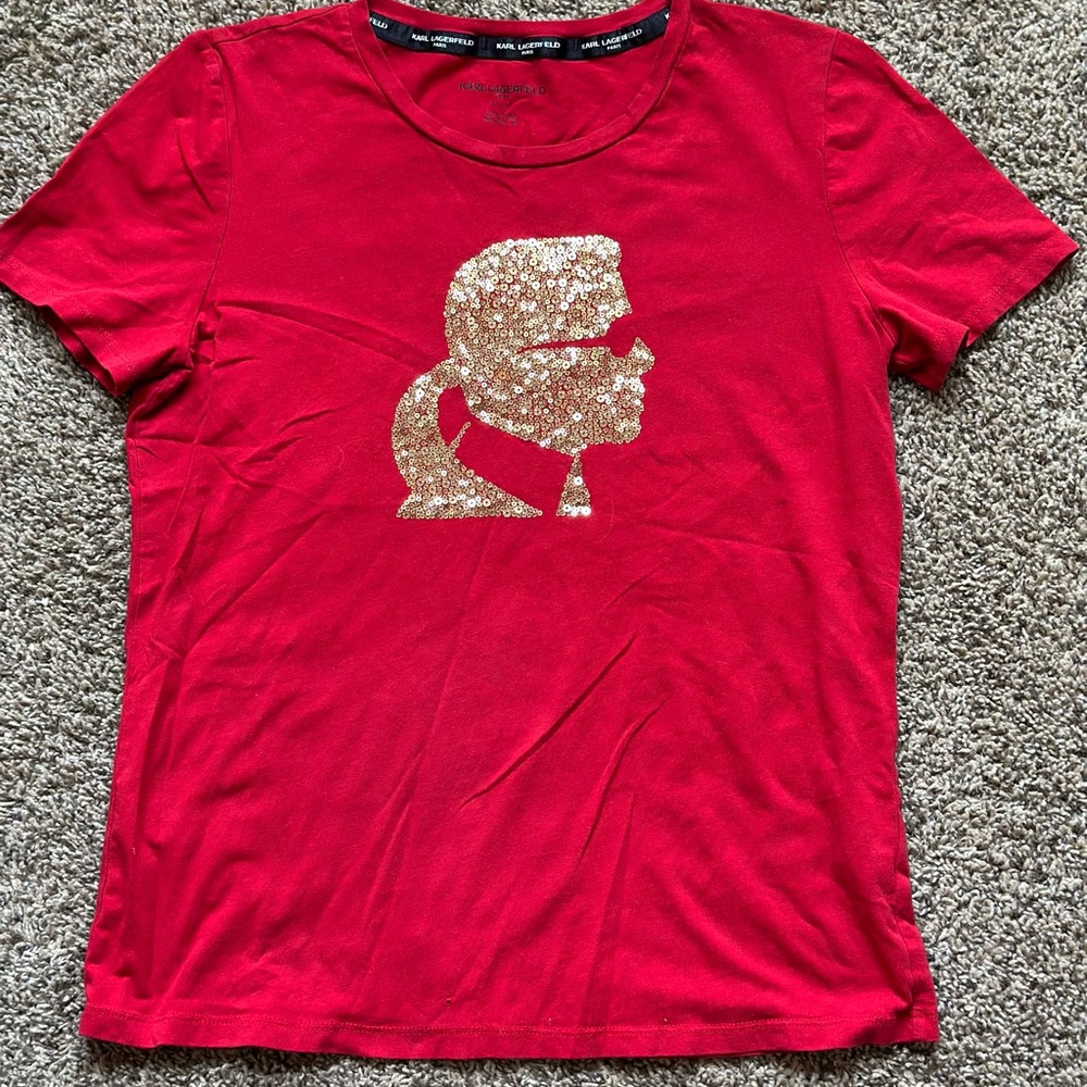 Karl Lagerfeld Red Gold Sequin Silhouette Signature T-Shirt Size Small